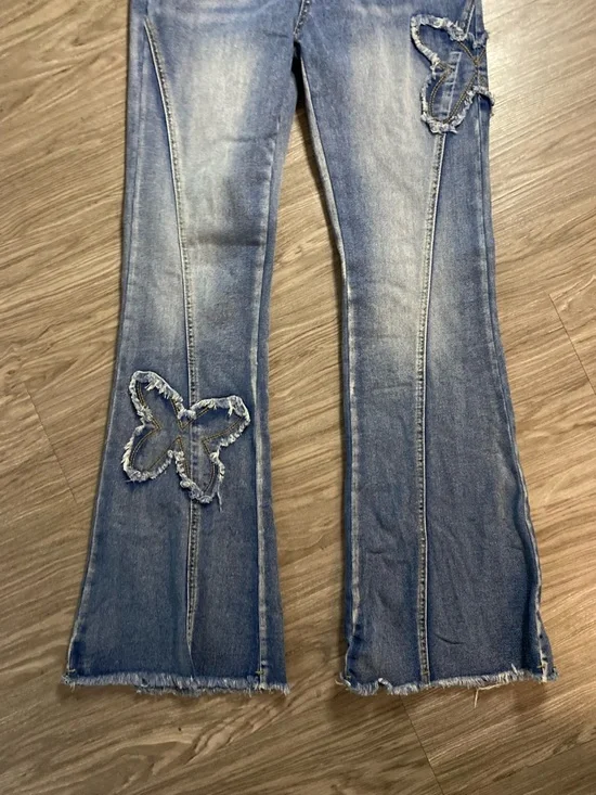 Y2K Butterfly Patch Flare Jeans Distressed Low Rise Boho Vintage Aesthetic Denim - Picture 2 of 8